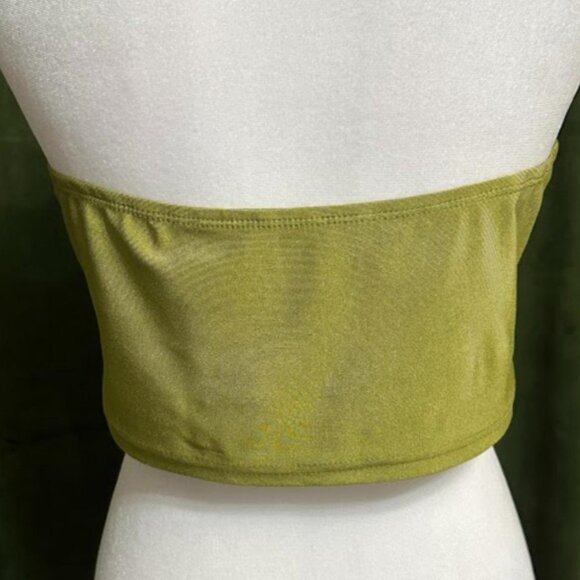 New Women's Olive-Colored Satin Top with Drapery and Open Back Size: L (8-10) - Picture 6 of 6